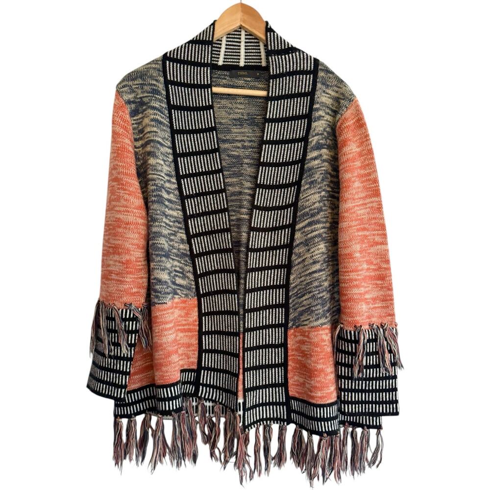 THML Open Front Cardigan Sweater M Orange Black Fringe Hem Soft Acrylic Trendy